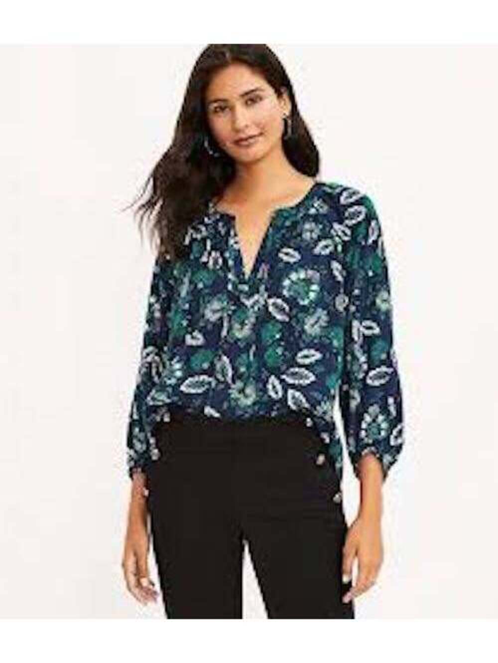 Loft EUC Women's Floral Shirred Tie Neck Blouse Long Sleeve Blue Size L